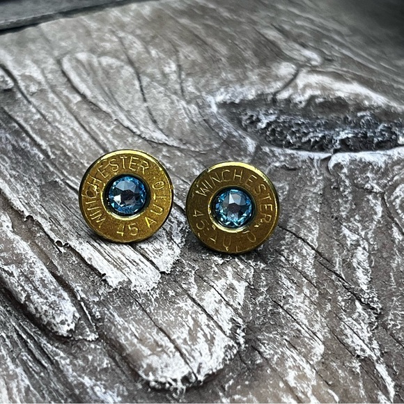 BULLET STUD EARRINGS - 45 AUTO - SWAROVSKI CRYSTAL BIRTHSTONE MARCH-AQUAMARINE - Picture 1 of 9